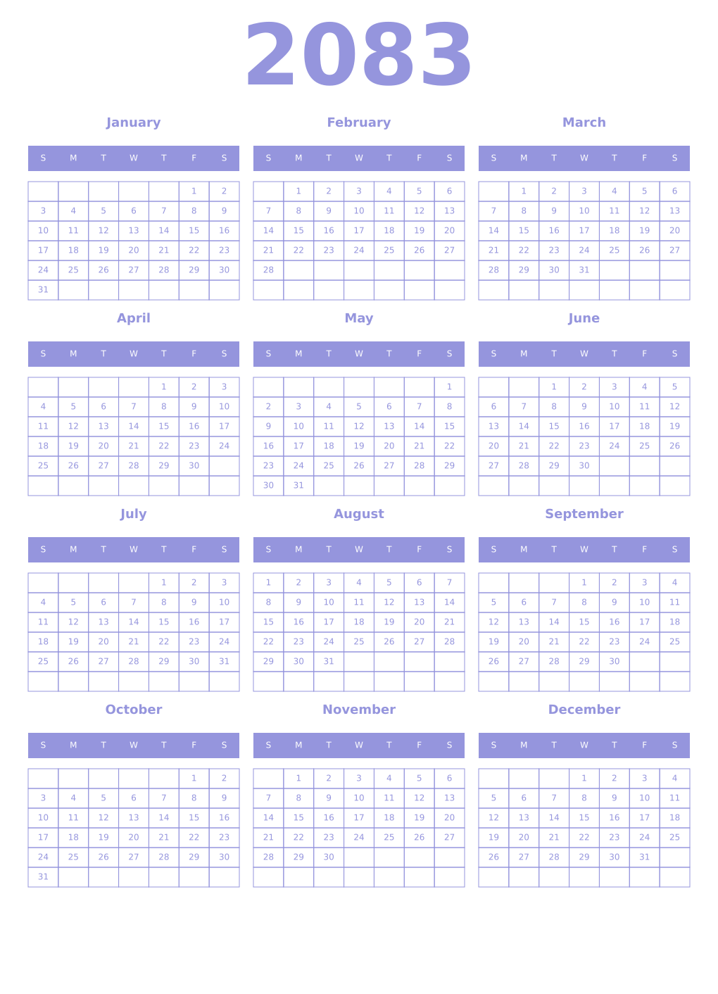 Printable 2083 Year Calendars periwinkle