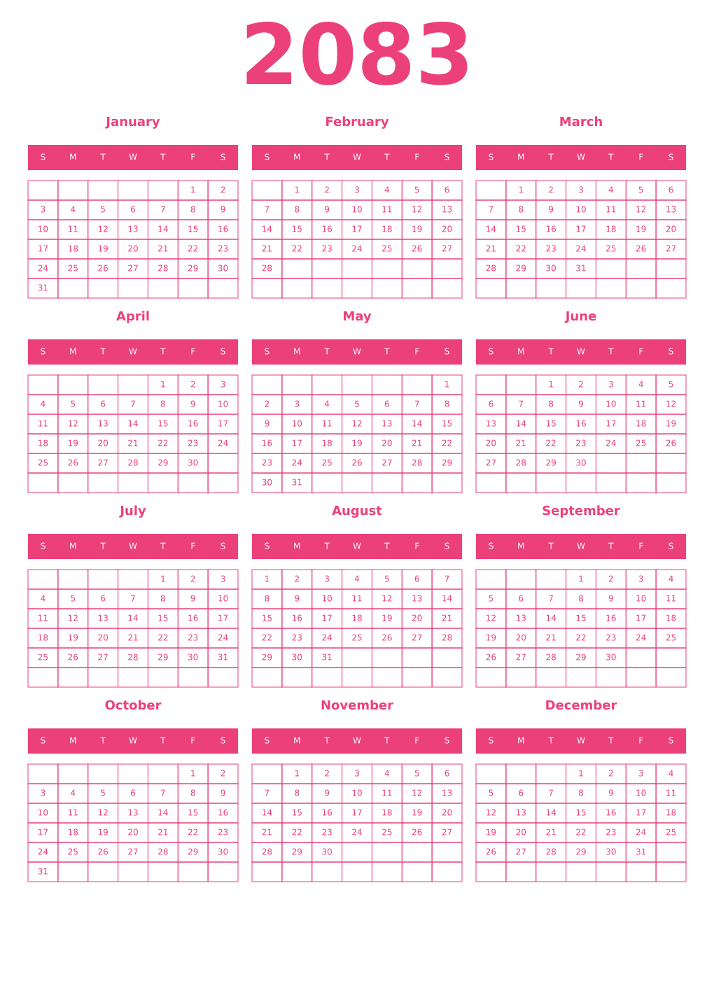 Printable 2083 Year Calendars pink
