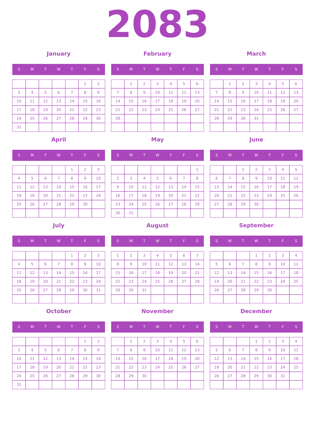 Printable 2083 Year Calendars purple