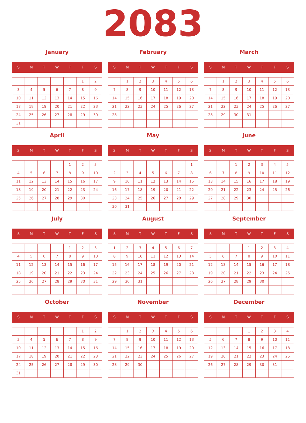 Printable 2083 Year Calendars red