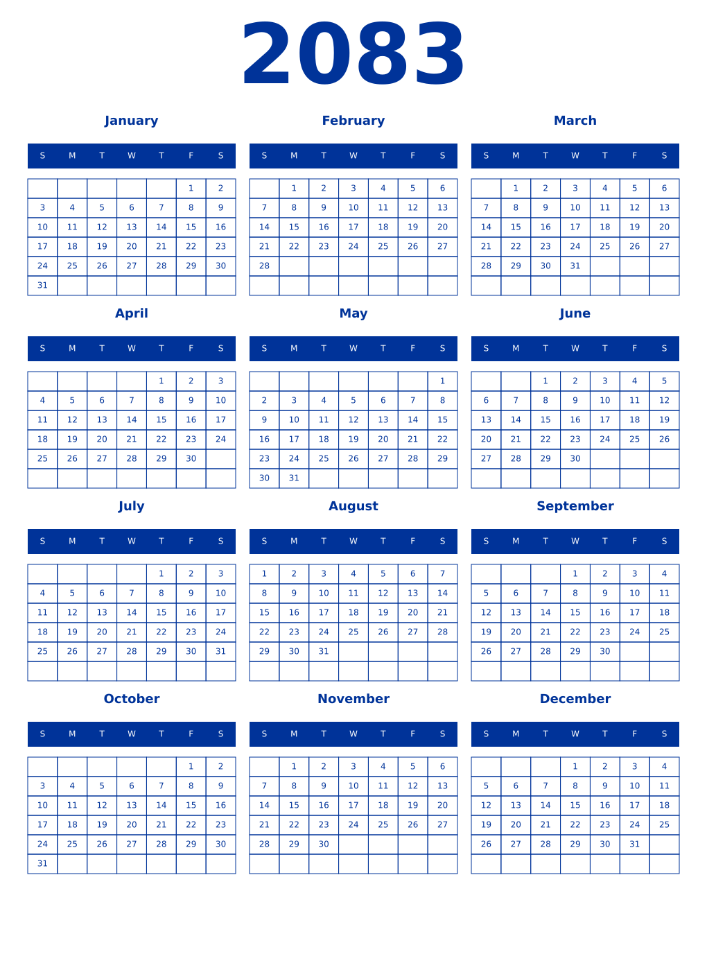 Printable 2083 Year Calendars smalt