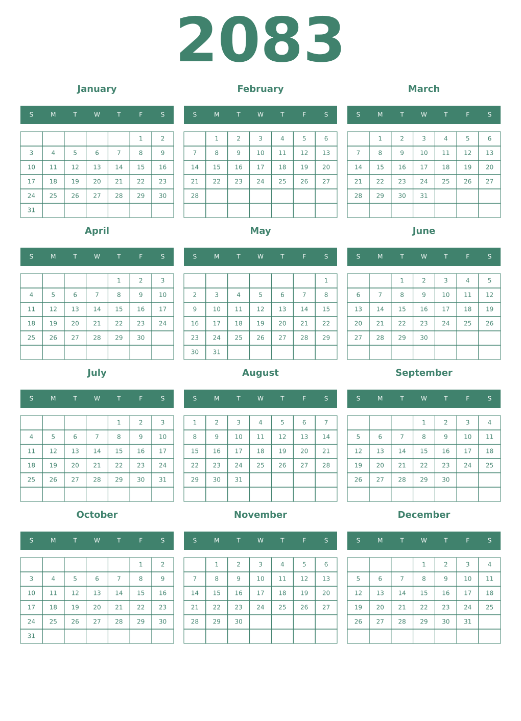 Printable 2083 Year Calendars viridian