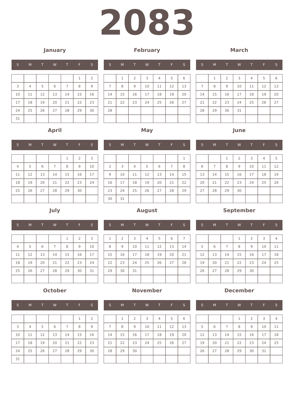 Printable 2083 Year Calendars wenge