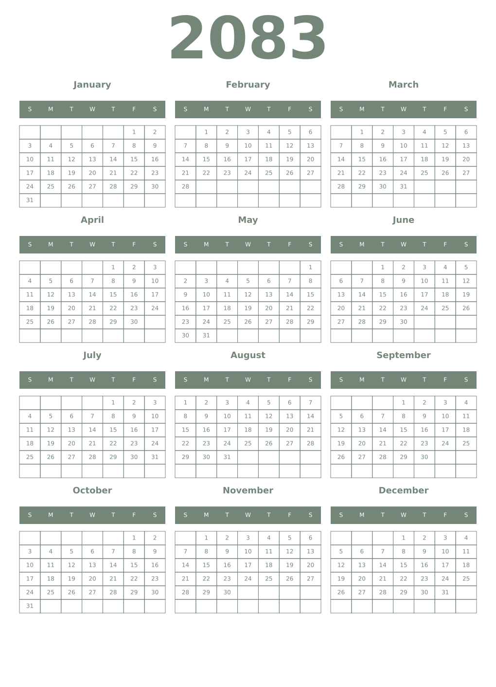 Printable 2083 Year Calendars xanadu