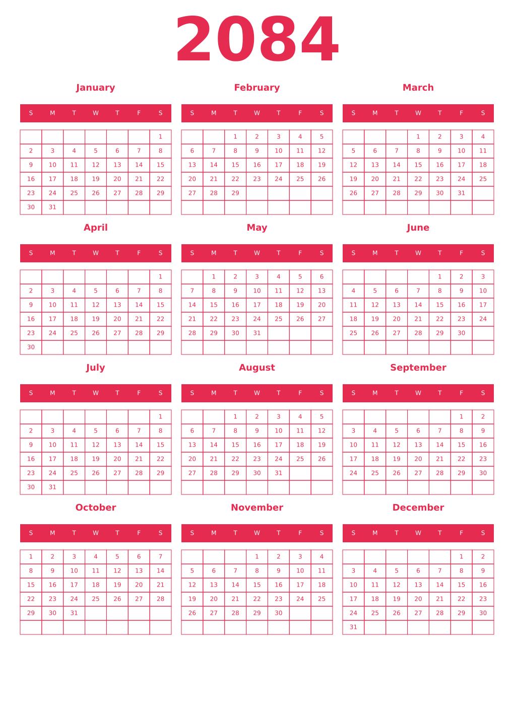 Printable 2084 Year Calendars amaranth