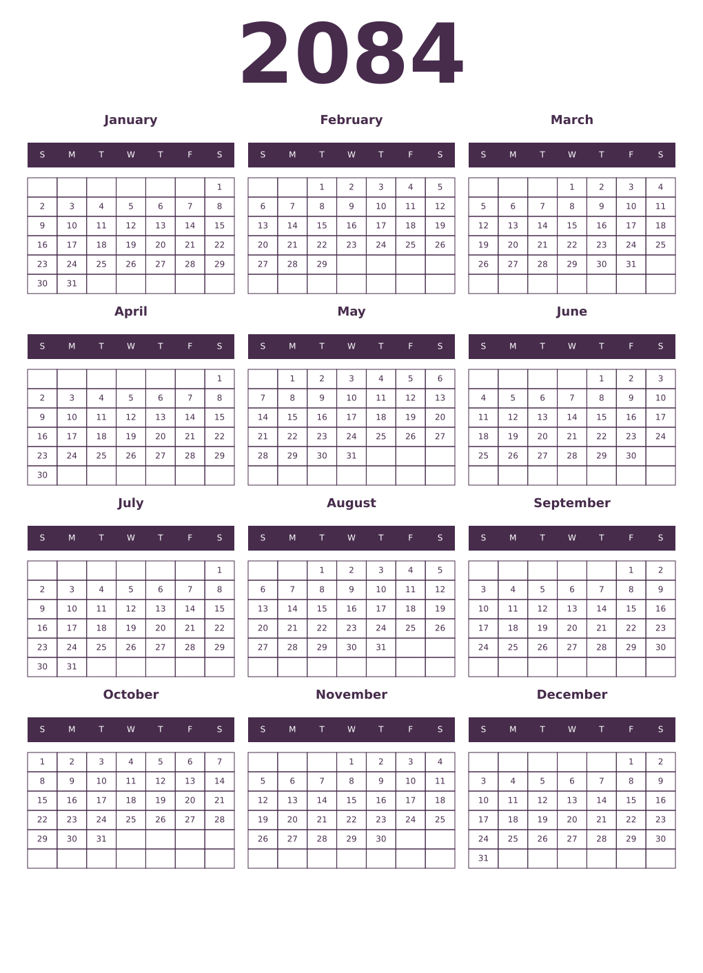 Printable 2084 Year Calendars aubergine