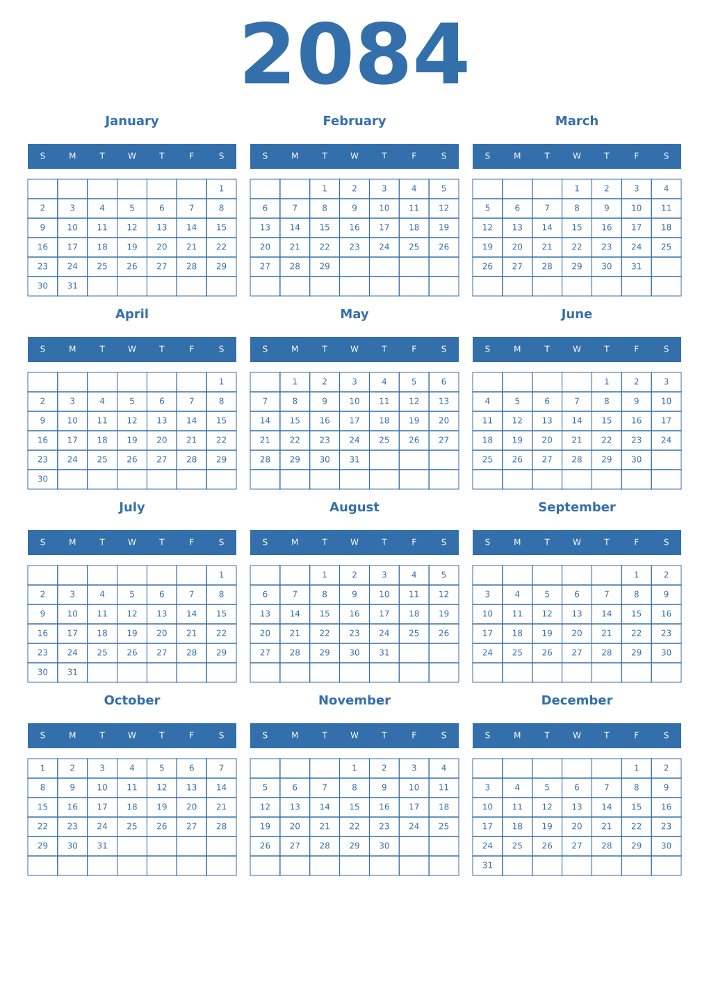 Printable 2084 Year Calendars blue