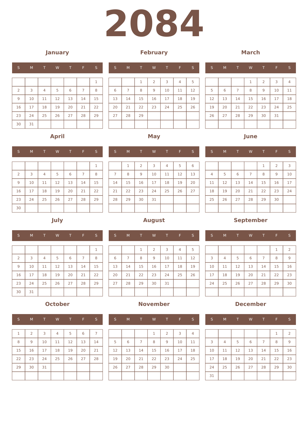 Printable 2084 Year Calendars coffe