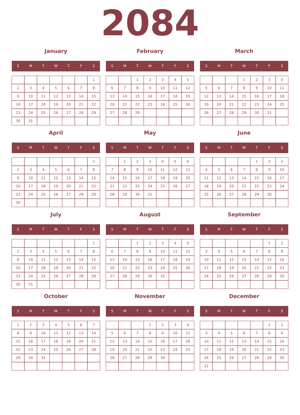 Printable 2084 Year Calendars cordovan
