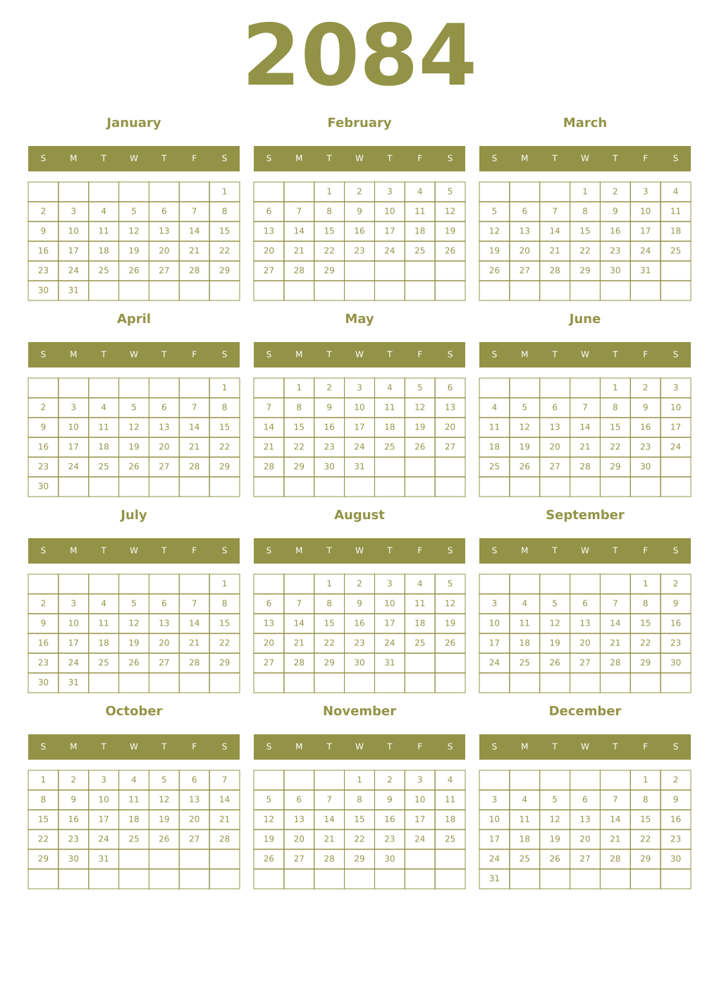 Printable 2084 Year Calendars eburnean