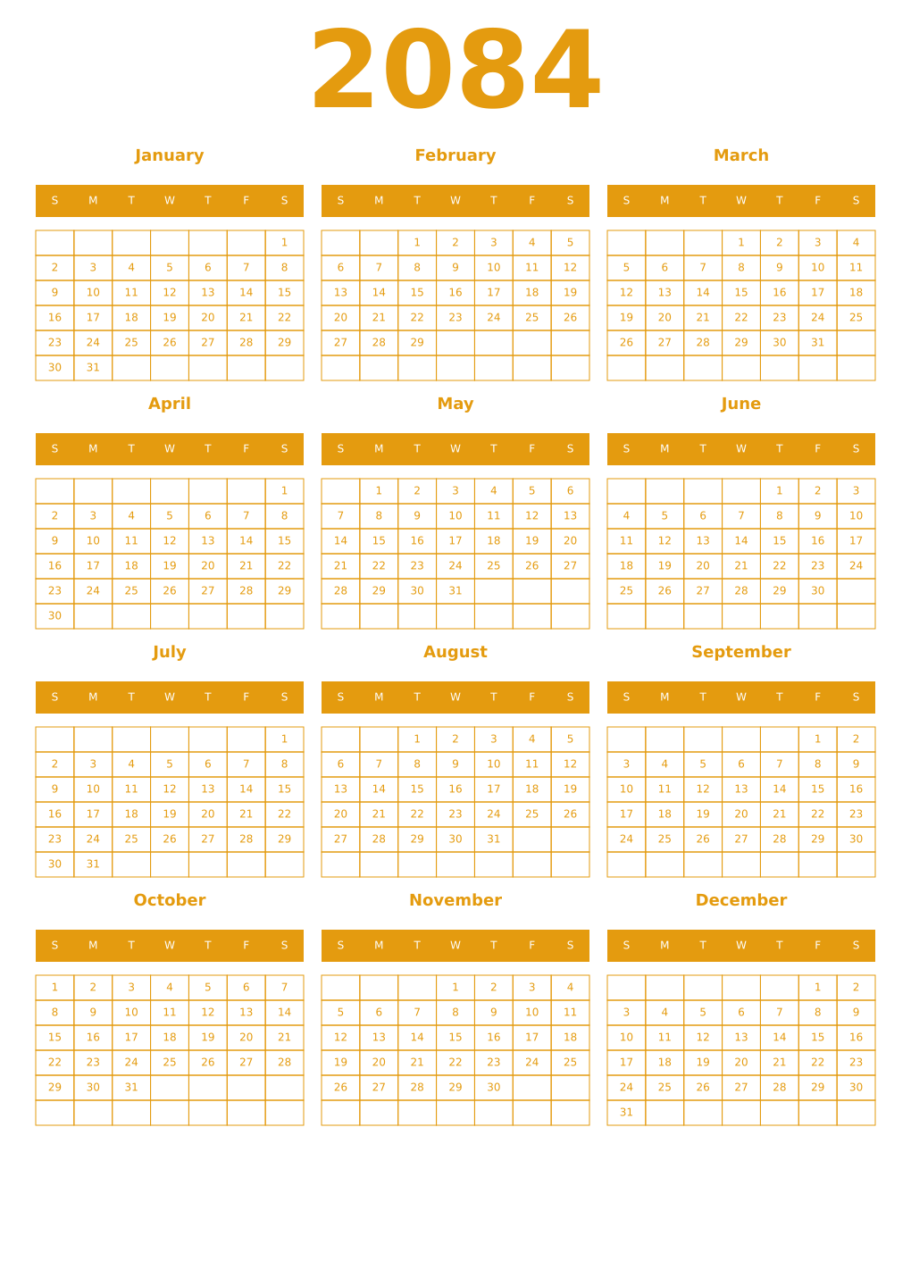 Printable 2084 Year Calendars gamboge