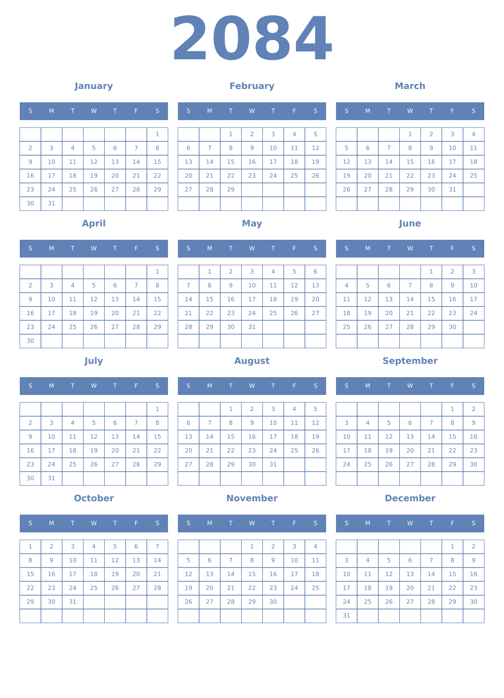 Printable 2084 Year Calendars glaucous