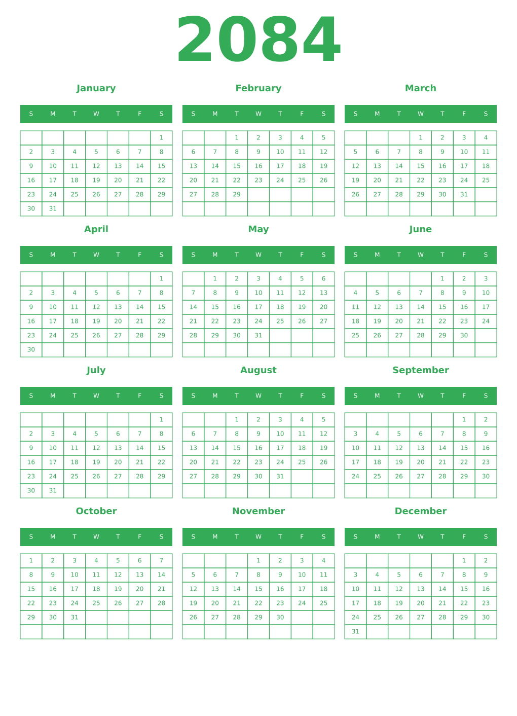 Printable 2084 Year Calendars green