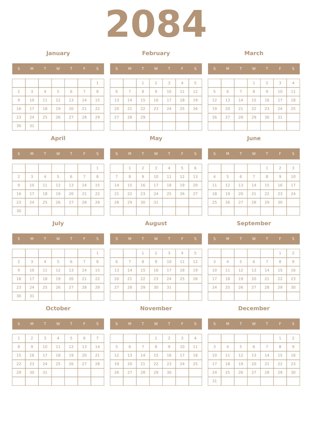 Printable 2084 Year Calendars isabelline
