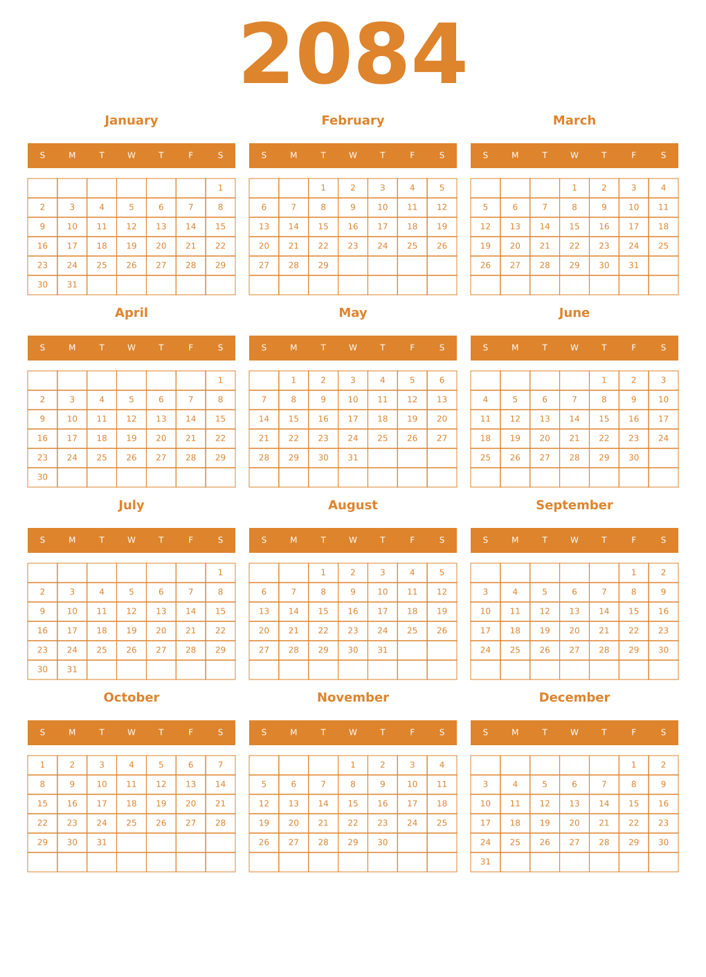 Printable 2084 Year Calendars orange