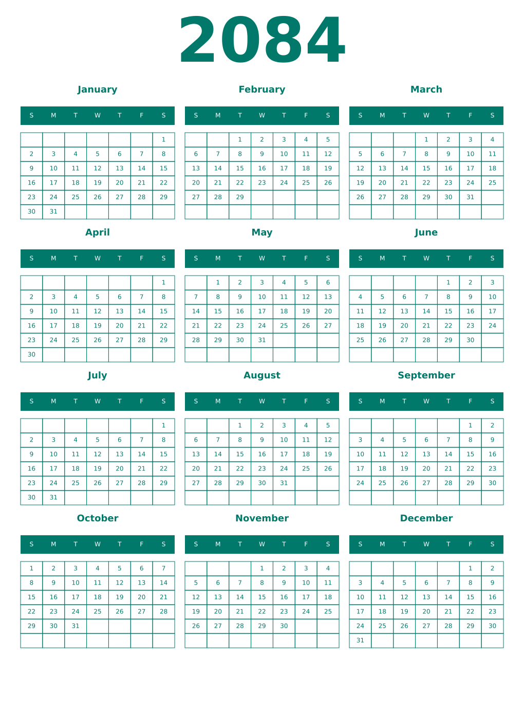 Printable 2084 Year Calendars pastel