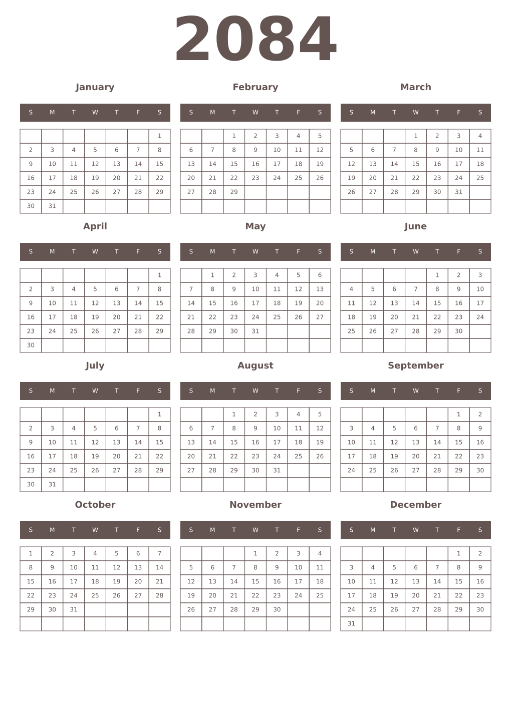 Printable 2084 Year Calendars wenge