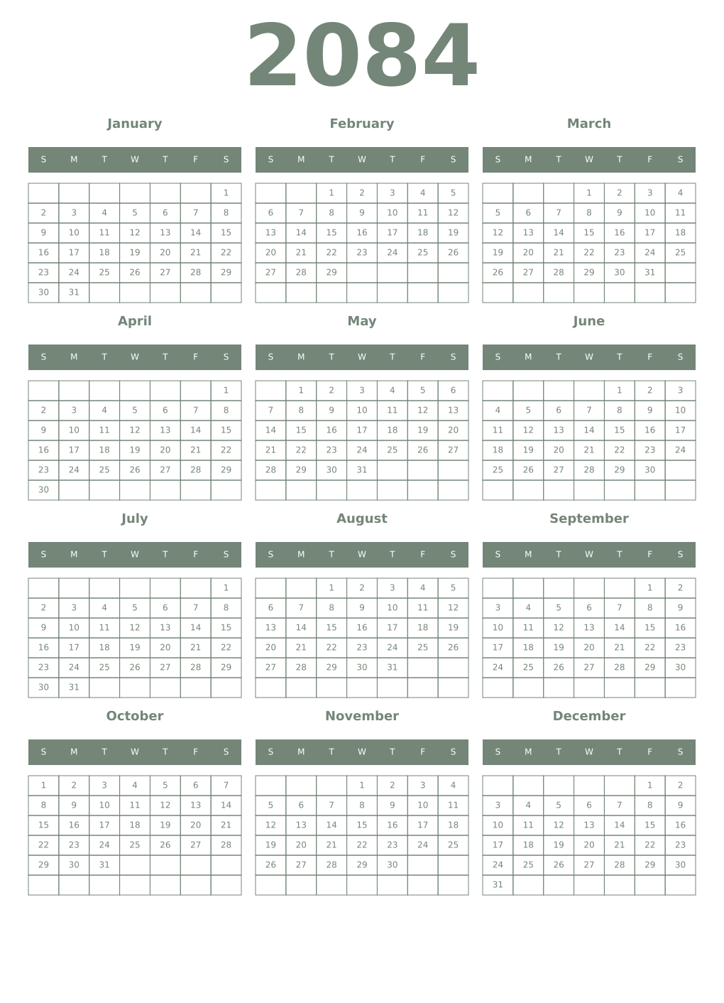Printable 2084 Year Calendars xanadu