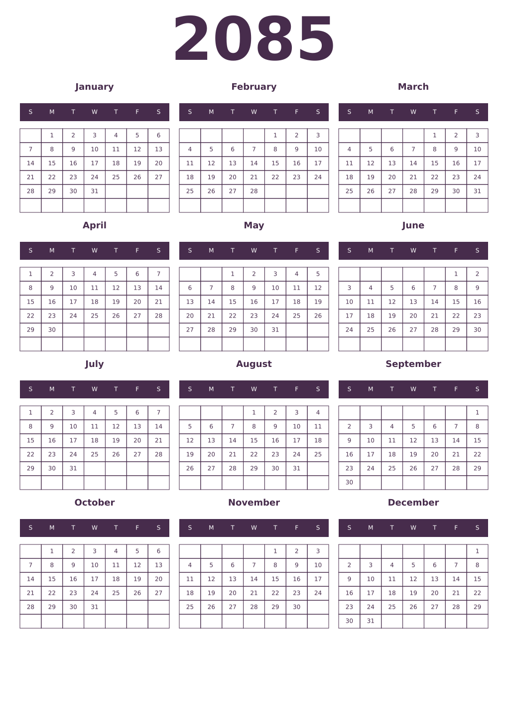 Printable 2085 Year Calendars aubergine