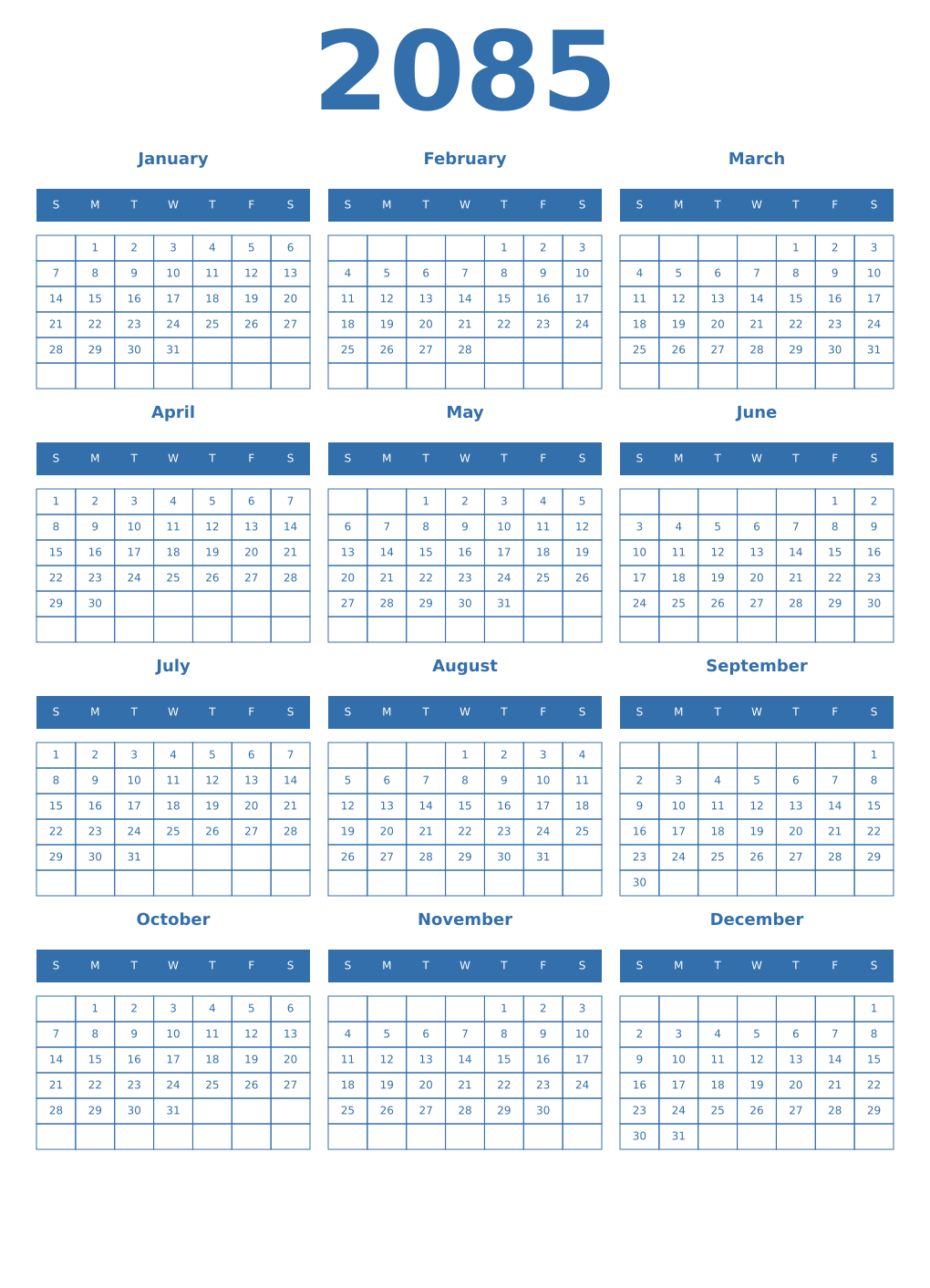 Printable 2085 Year Calendars blue