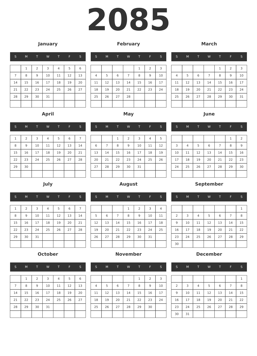 Printable 2085 Year Calendars dark