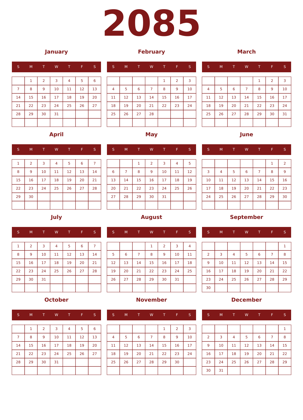 Printable 2085 Year Calendars falu