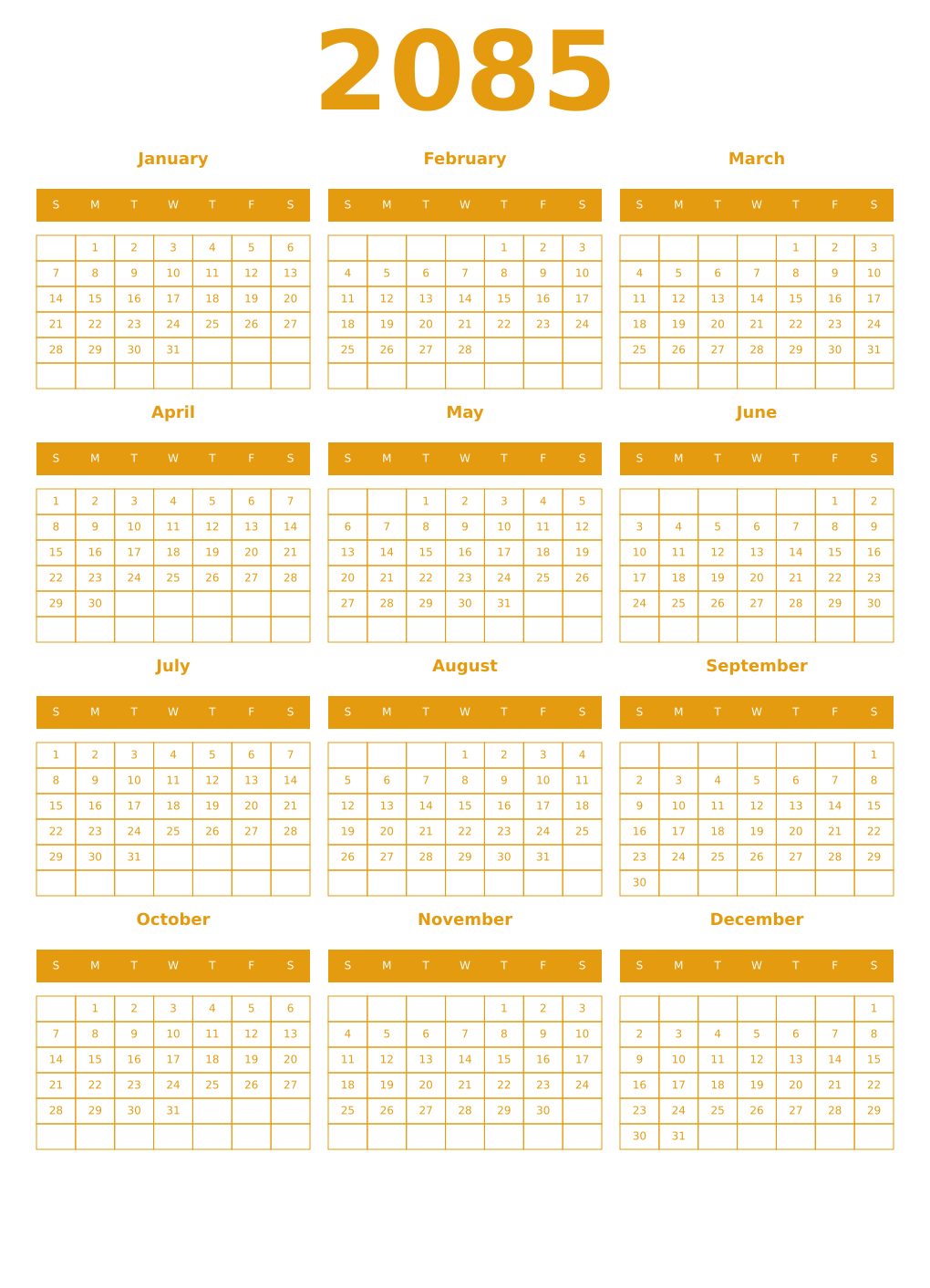 Printable 2085 Year Calendars gamboge