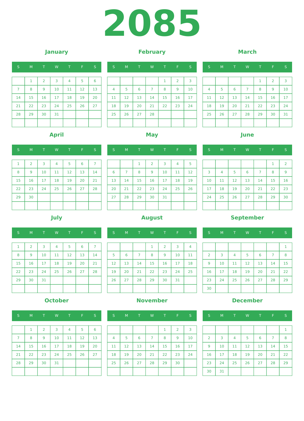 Printable 2085 Year Calendars green