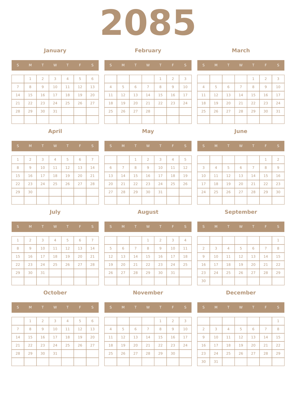 Printable 2085 Year Calendars isabelline