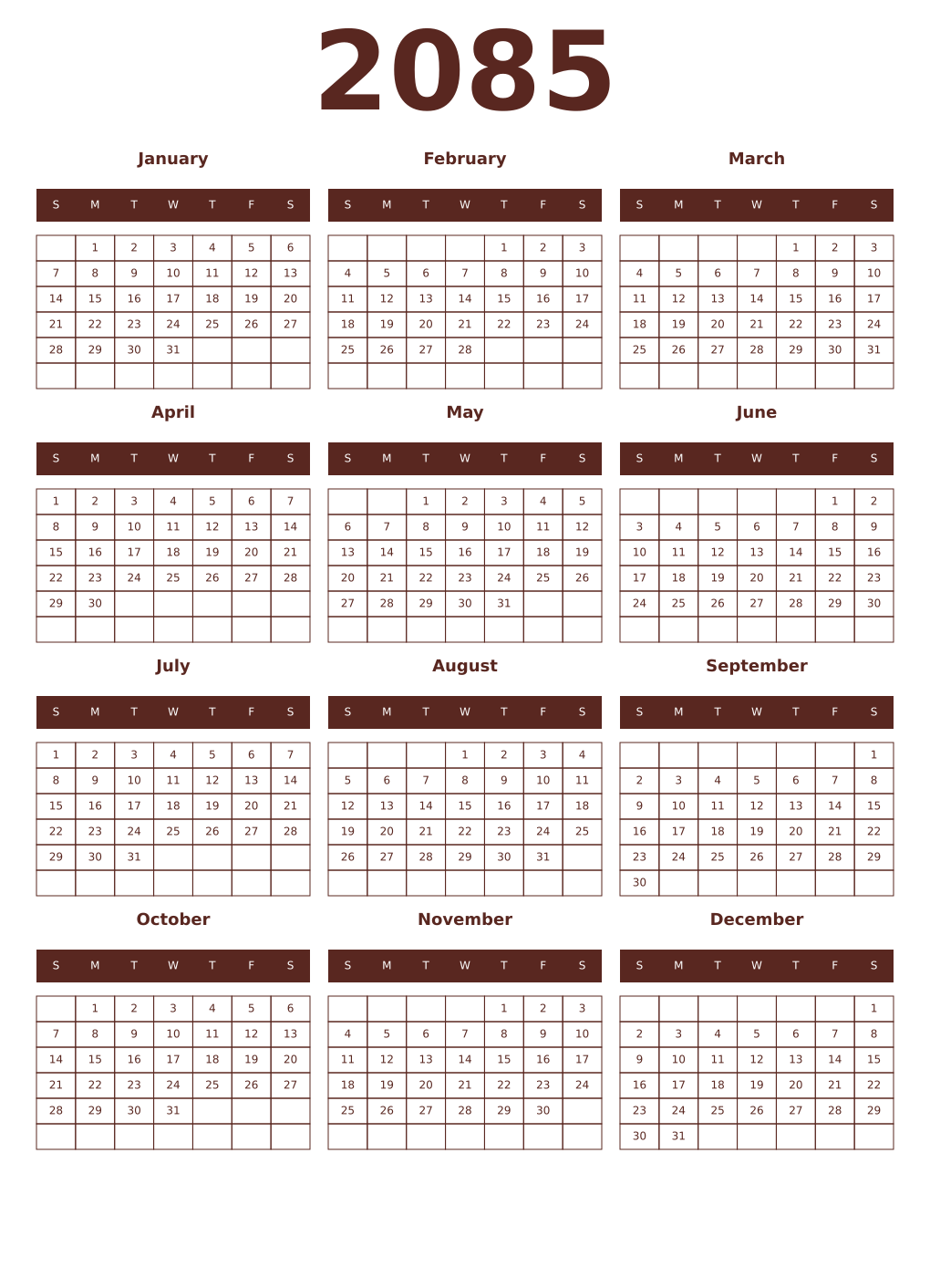 Printable 2085 Year Calendars mortuum