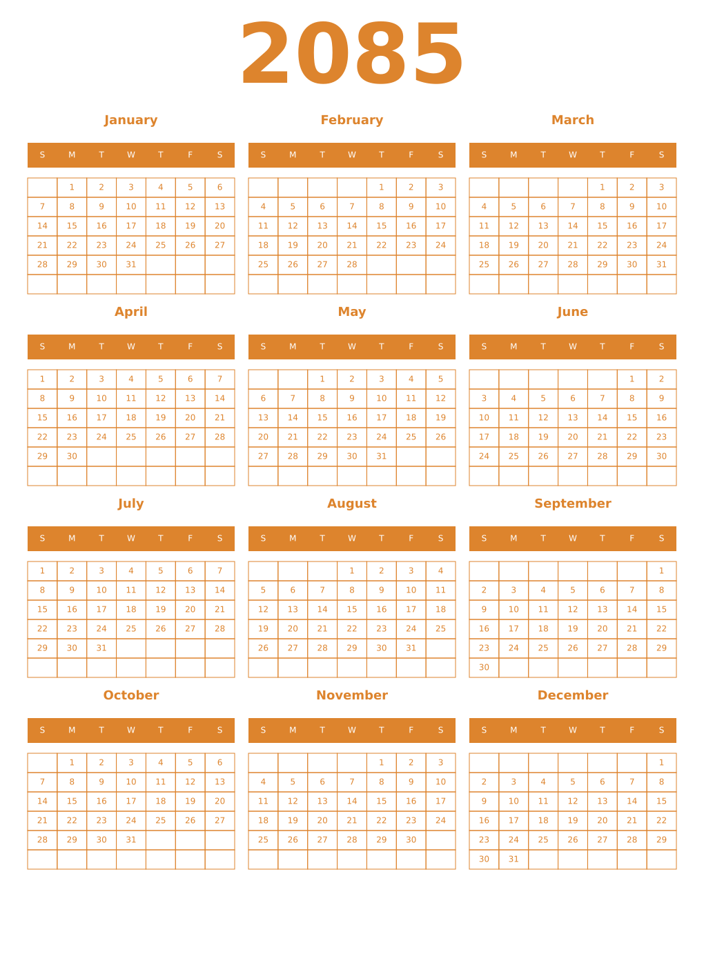 Printable 2085 Year Calendars orange