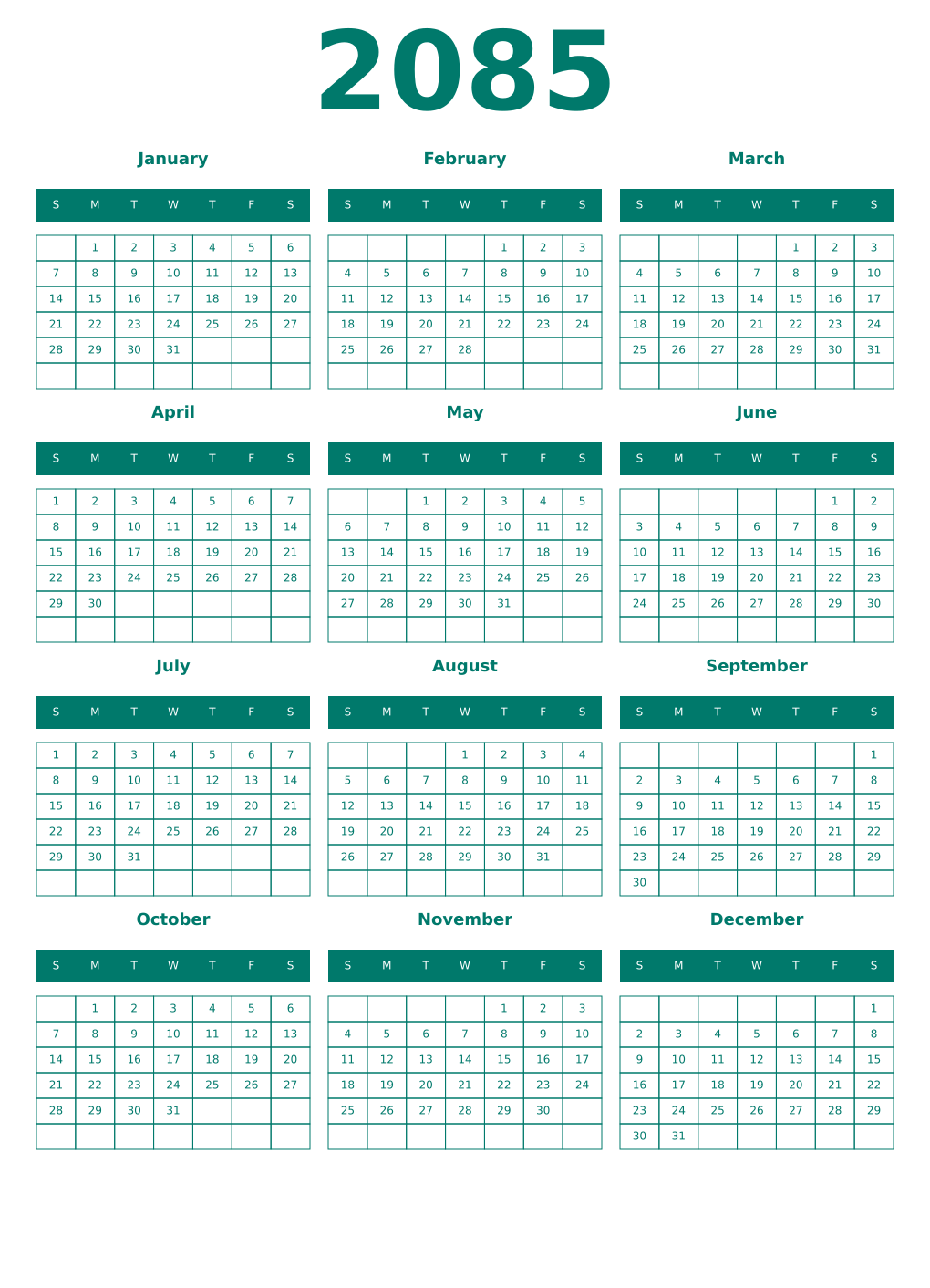 Printable 2085 Year Calendars pastel