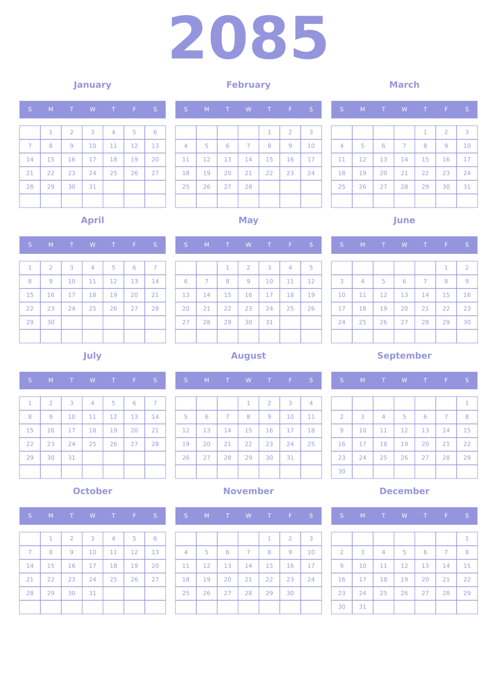 Printable 2085 Year Calendars periwinkle