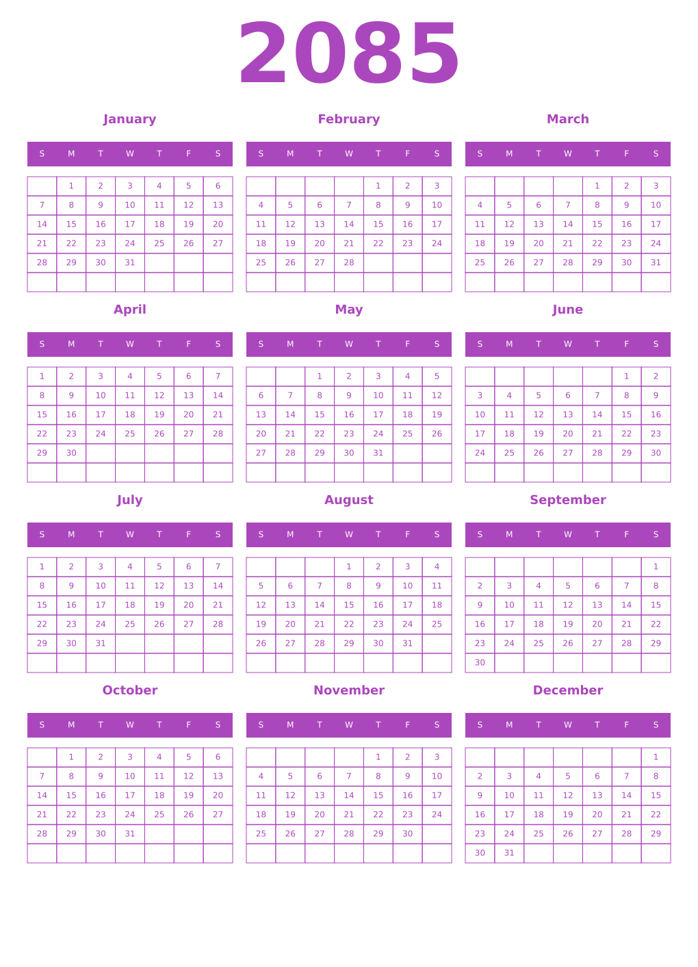 Printable 2085 Year Calendars purple