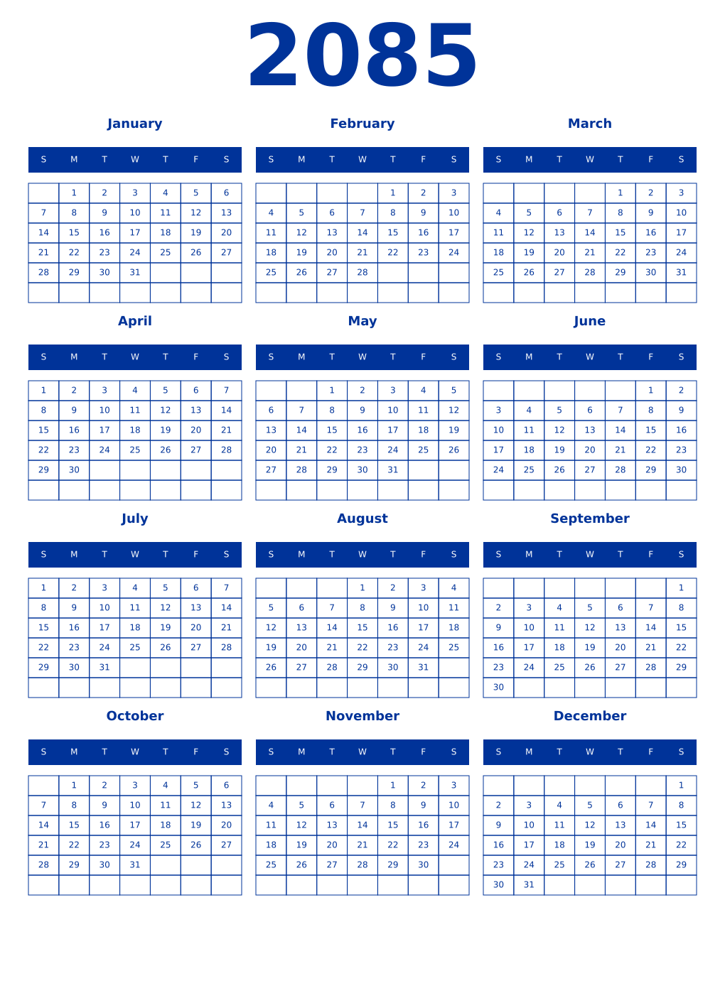 Printable 2085 Year Calendars smalt
