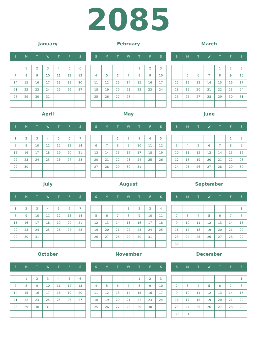 Printable 2085 Year Calendars viridian