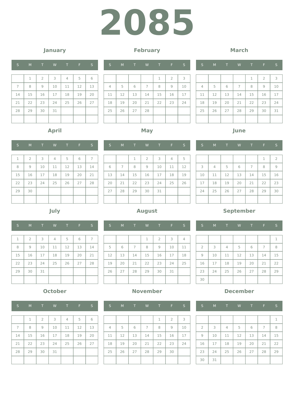 Printable 2085 Year Calendars xanadu