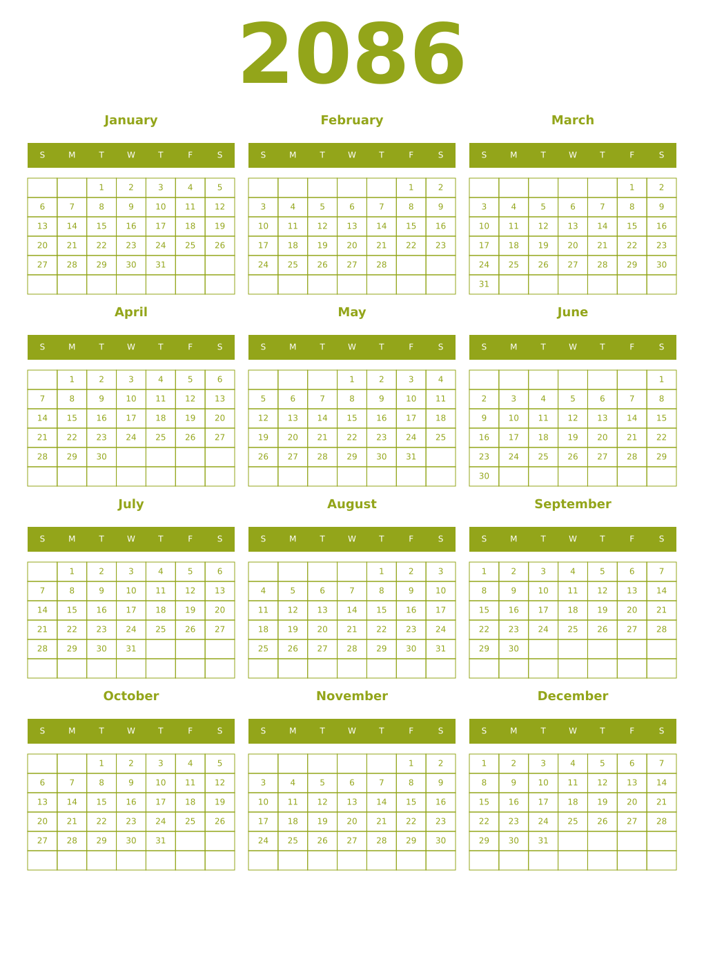 Printable 2086 Year Calendars chartreuse