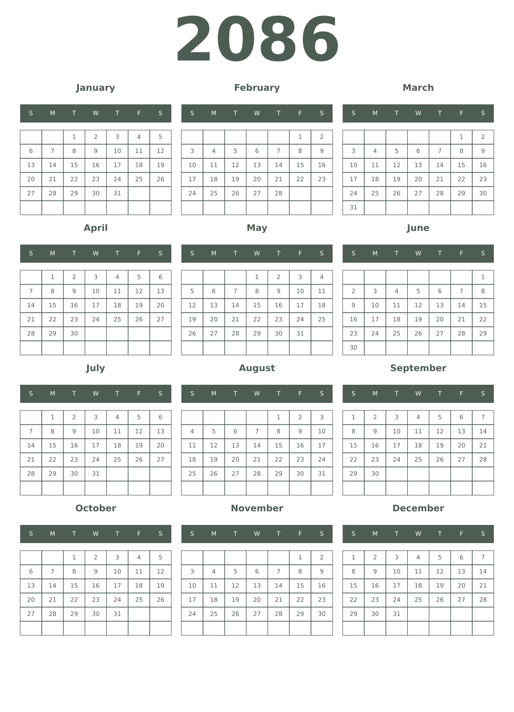 Printable 2086 Year Calendars feldgrau
