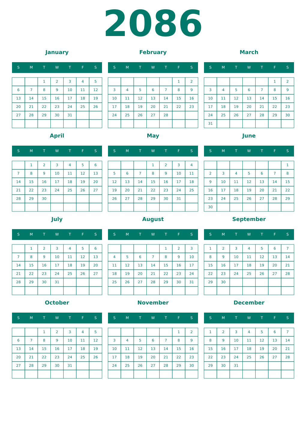 Printable 2086 Year Calendars pastel