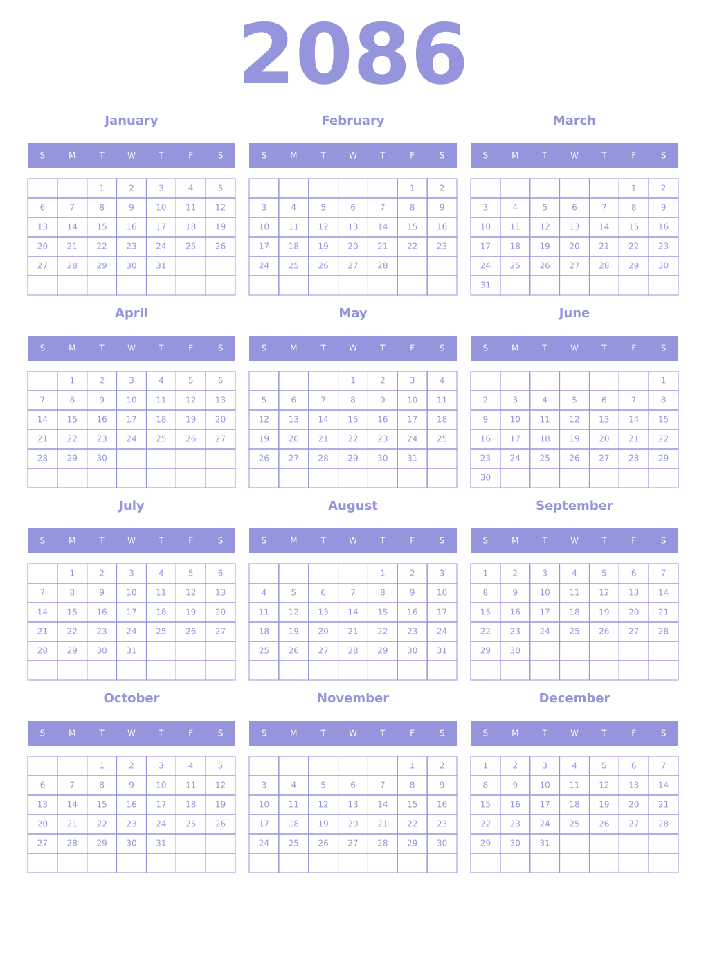 Printable 2086 Year Calendars periwinkle