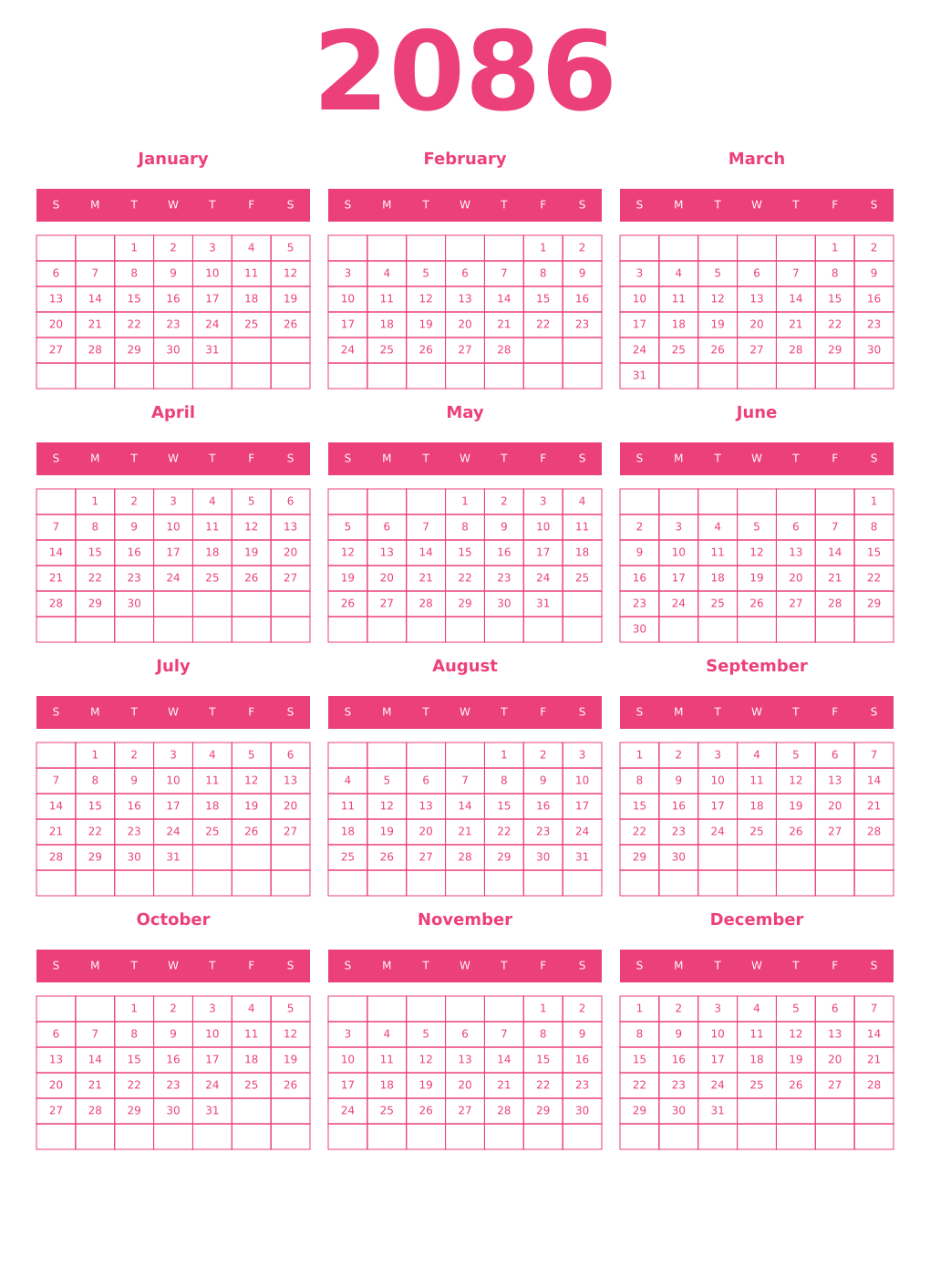 Printable 2086 Year Calendars pink