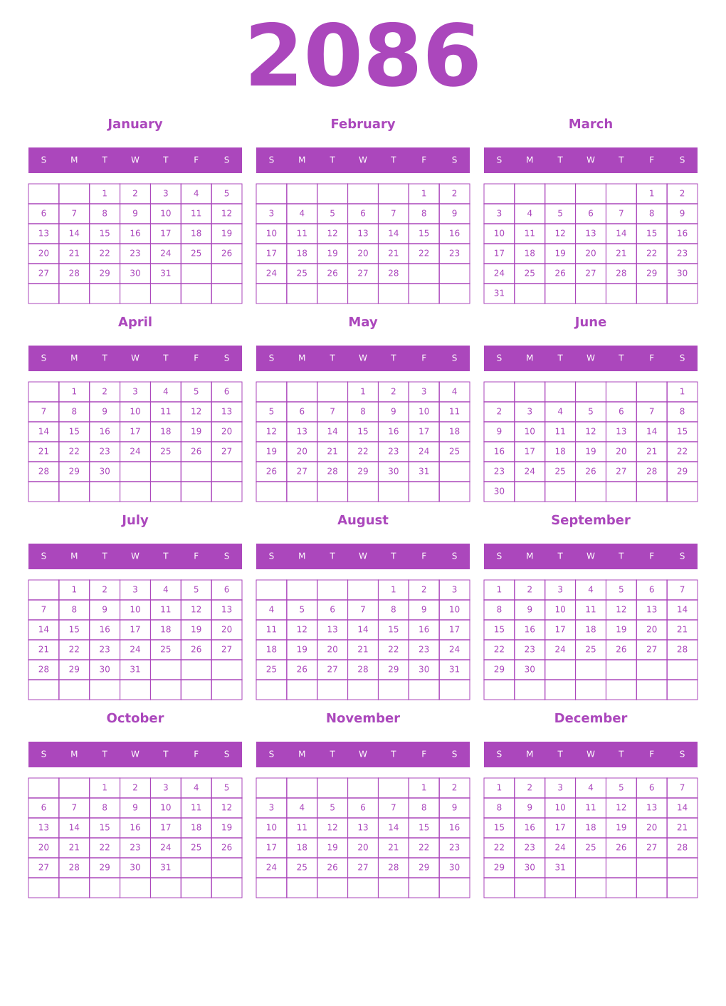 Printable 2086 Year Calendars purple