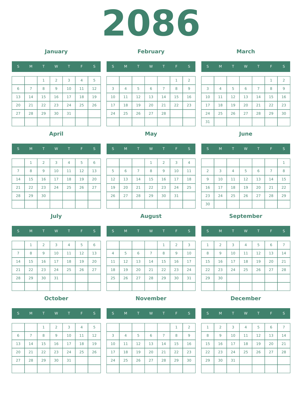 Printable 2086 Year Calendars viridian