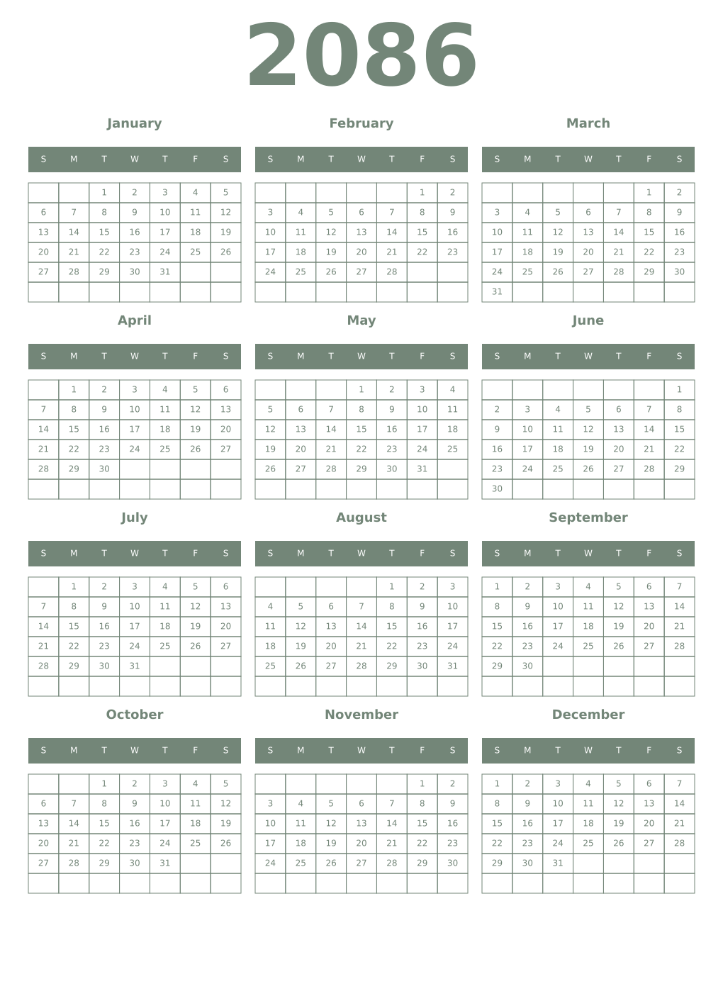 Printable 2086 Year Calendars xanadu