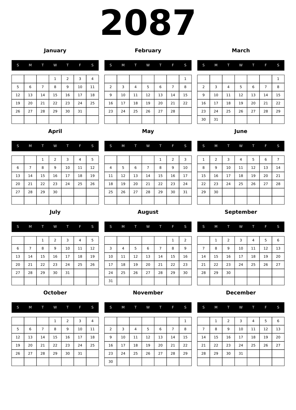 Printable 2087 Year Calendars black
