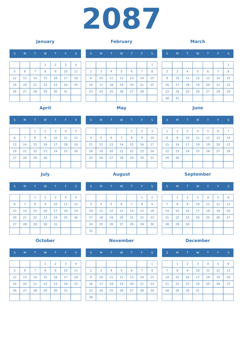 Printable 2087 Year Calendars blue