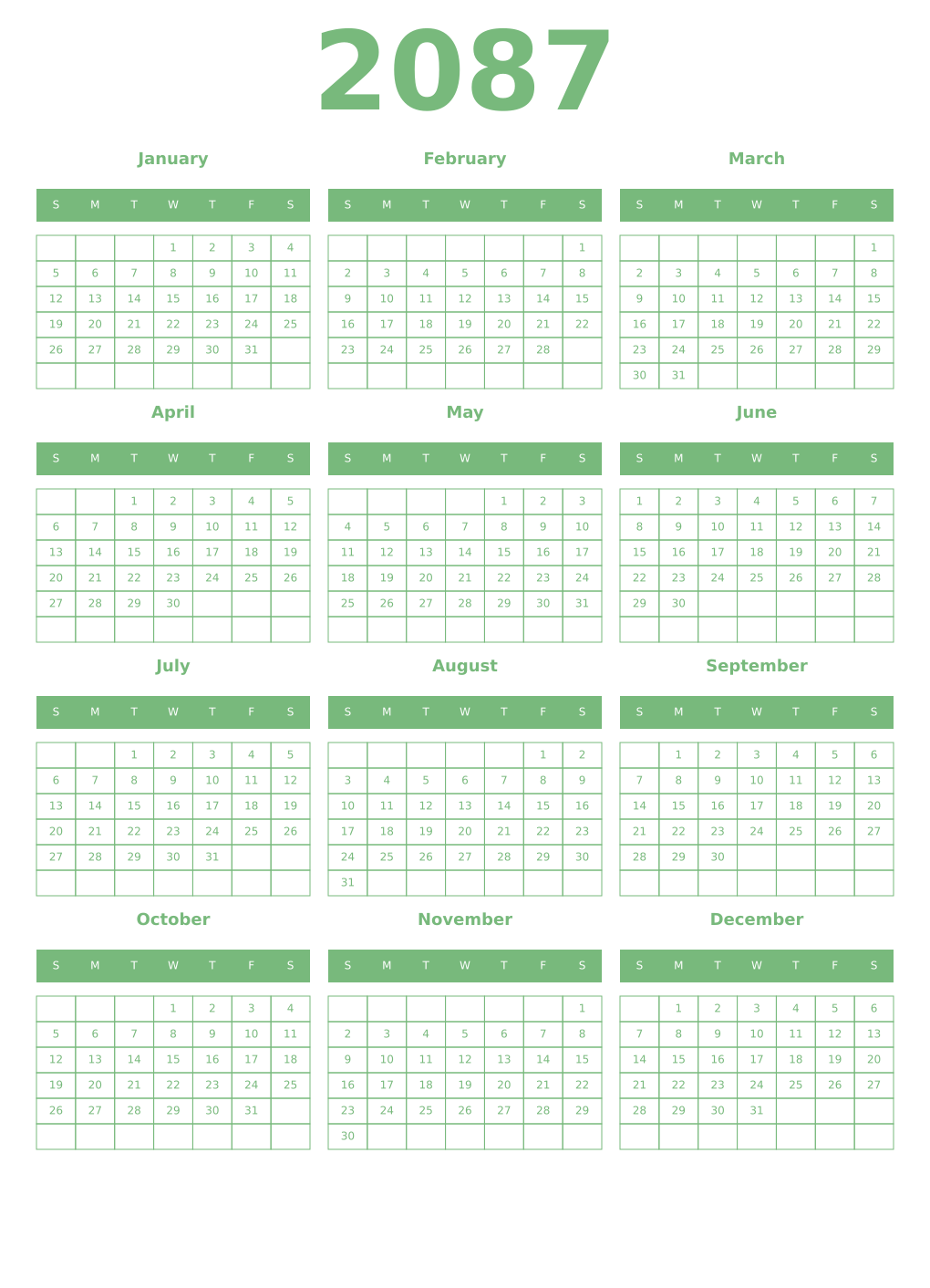 Printable 2087 Year Calendars celadon