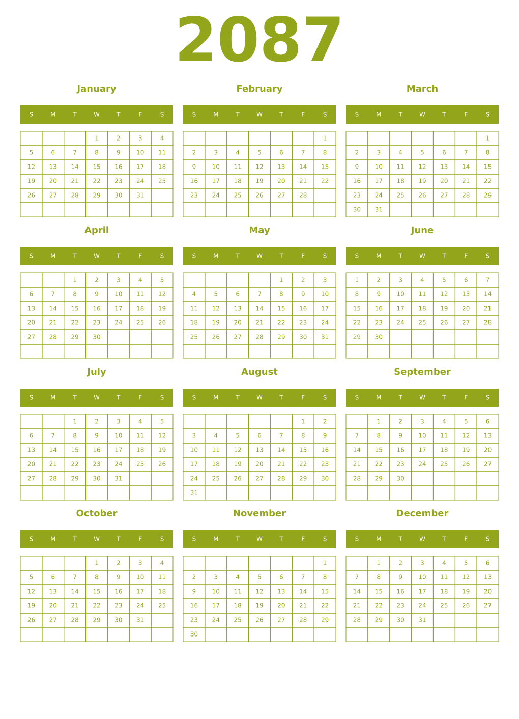 Printable 2087 Year Calendars chartreuse