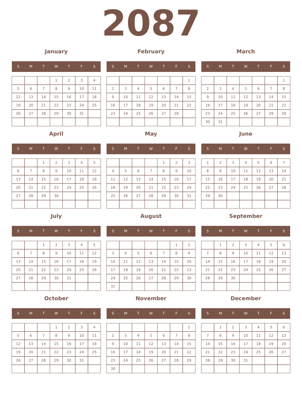 Printable 2087 Year Calendars coffe